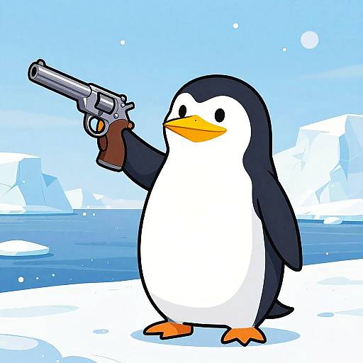 Cartoon Penguin with Vintage Pistol