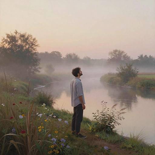 Photograph of a man in a white shirt and dark pants, standing by a misty river at dawn, surrounded by wildflowers and trees.