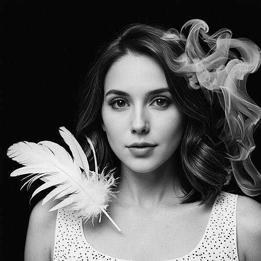 Black and White Portrait of Woman with Feather and Smoke