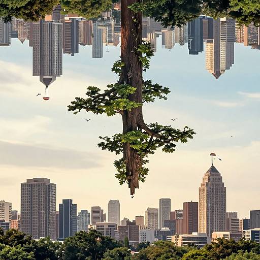 Photorealistic digital artwork: giant tree trunk with green leaves suspended vertically, surrounded by a city skyline with skyscrapers, birds flying, and a