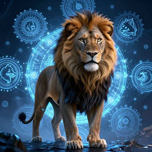 Digital art of a majestic lion with a dark mane, standing powerfully against a glowing blue, mystical zodiac-themed background.