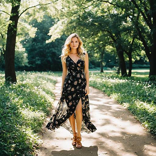 Blonde Woman in Black Floral Dress in Park