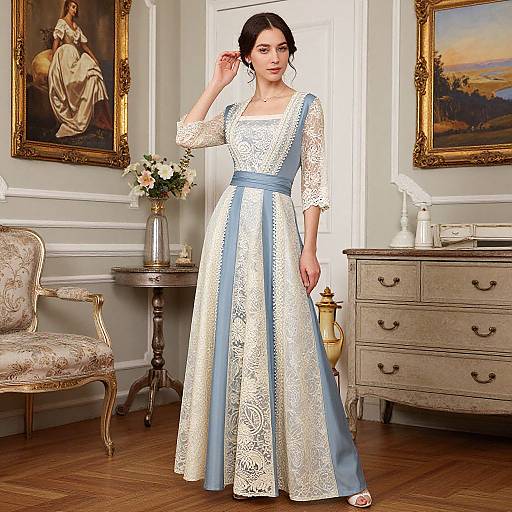 Photograph of a dark-haired woman in an elegant, lace and blue satin Victorian-style dress, standing in a refined, ornately decorated room with paintings