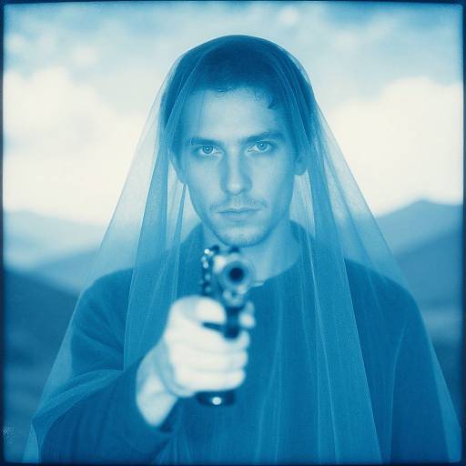 Photograph of a serious-looking man with short dark hair, wearing a sheer veil and dark shirt, pointing a gun directly at the camera in a blue
