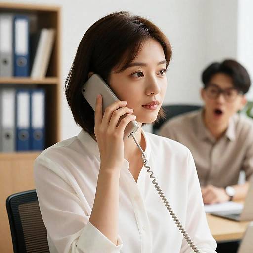 Office Interaction with Corded Phone