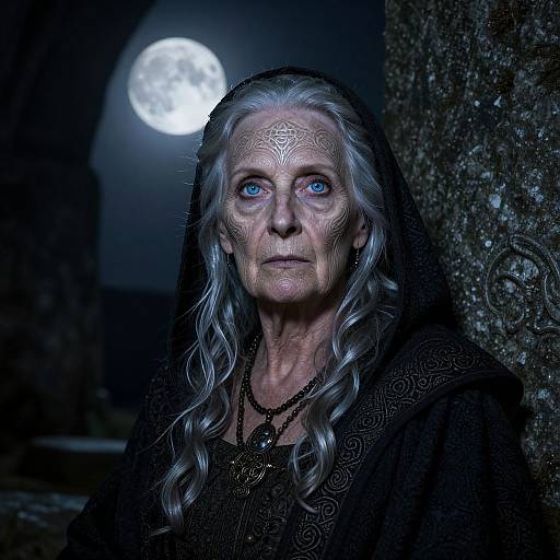 Photograph of an elderly woman with long, silver-gray hair, blue eyes, and intricate white face markings, wearing a black veil, against a dark