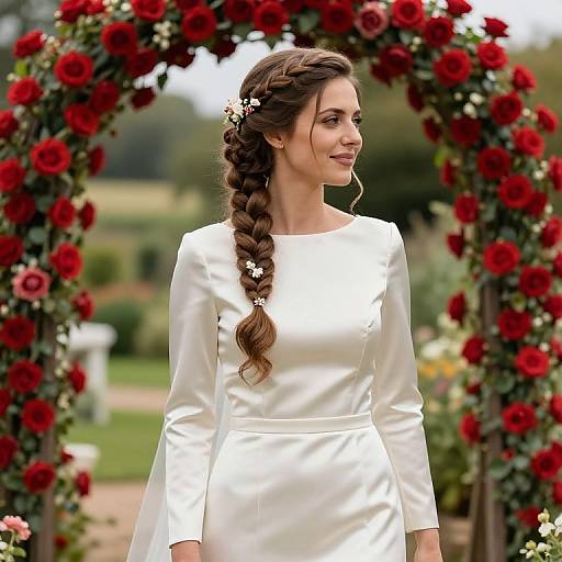 Photograph of a woman with a braided brown hair, white long-sleeve dress, standing in front of a red rose archway.