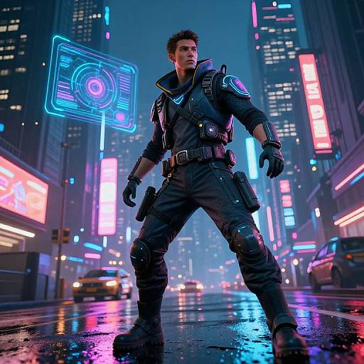 CGI sci-fi image of a muscular man in futuristic black tactical gear, standing confidently in a neon-lit, rainy city street. Glowing holog