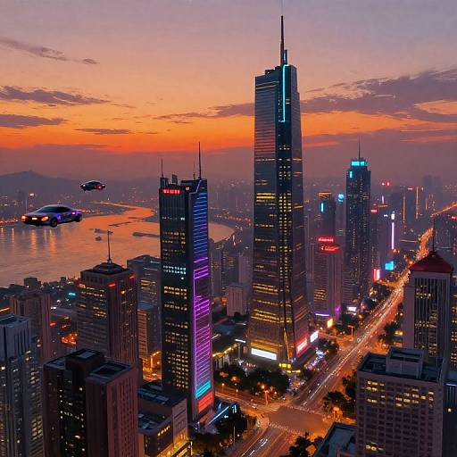 Futuristic Cyberpunk Cityscape at Sunset