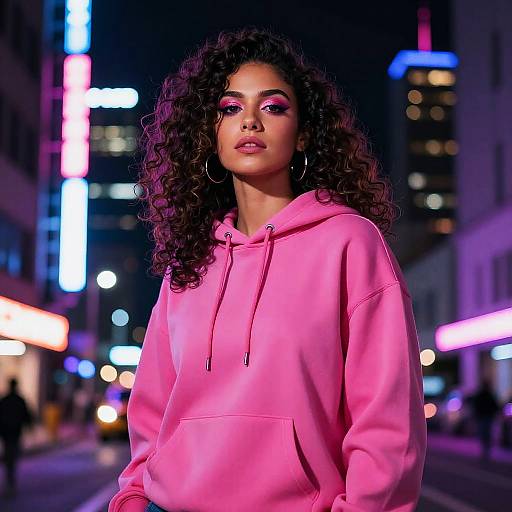 Photograph of a confident woman with curly hair, wearing a bright pink hoodie, standing in a neon-lit urban night street.