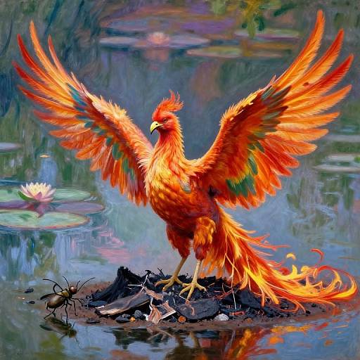Vibrant digital painting of a fiery red, orange, and yellow phoenix with spread wings, standing on a rock by a reflective pond with a l