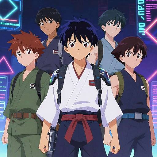 Anime-style digital artwork of five young male characters in martial arts uniforms, standing in front of neon-lit futuristic background.