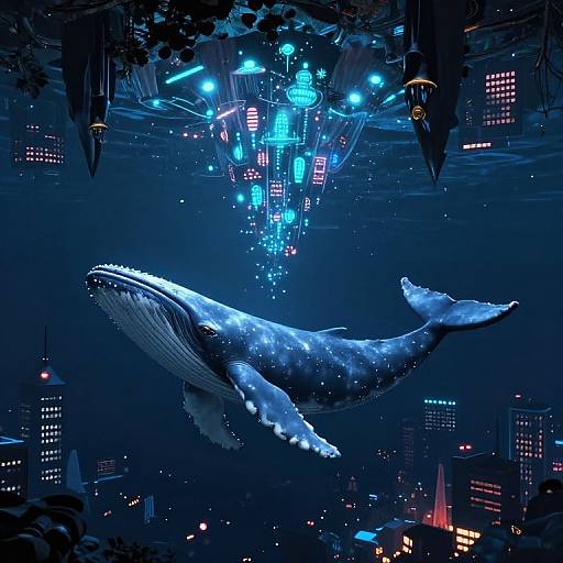 Digital artwork: A glowing, blue-lit cityscape beneath a majestic, bioluminescent whale swimming amidst illuminated skyscrapers and futuristic hovercraft