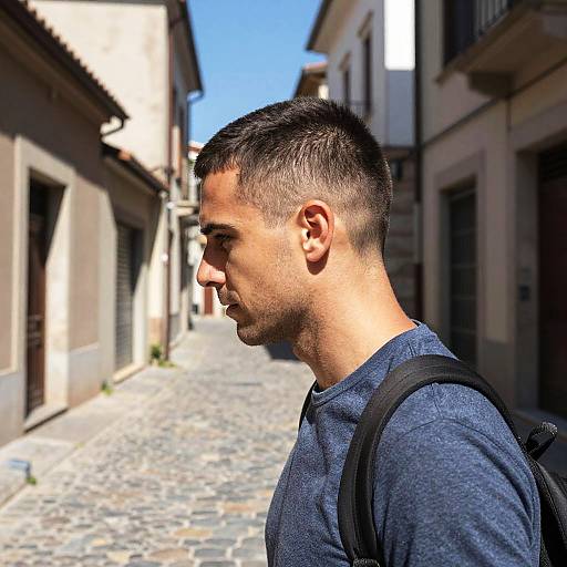 Italian Buzz Cut Man in Rustic Street