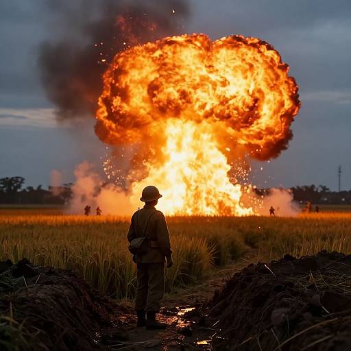 Photograph of a soldier in silhouette watching a massive, orange explosion with fiery smoke in a field at dusk.