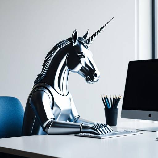 Metallic Unicorn Robot Working at Computer Desk