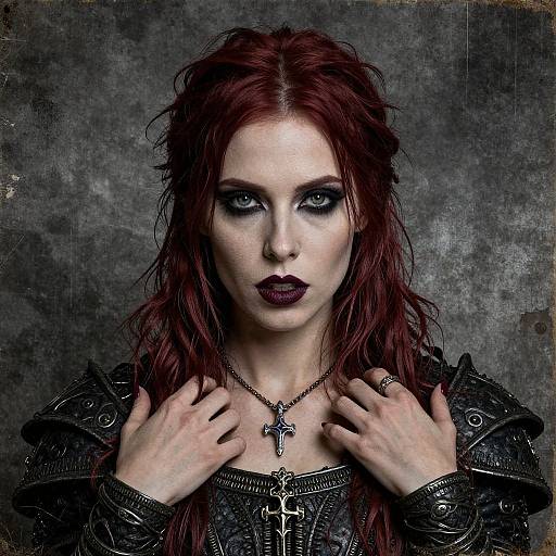 Gothic woman with pale skin, red hair, dark makeup, black leather armor, and silver cross necklace, hands on chest, textured gray background
