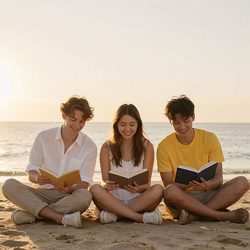Photograph of three young adults, two men and one woman, sitting on a sandy beach at sunset, reading books and smiling.