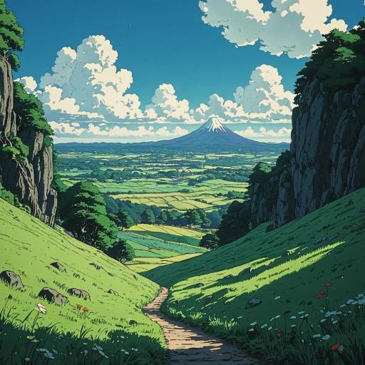 Hayao Miyazaki Style Landscape with Mount Fuji