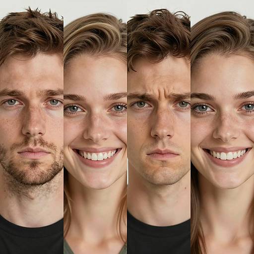 Close-up emotional portraits of young white man and woman