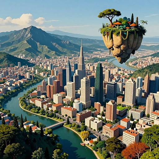 Digital art of a futuristic city with floating island, lush greenery, and towering buildings by a winding river, surrounded by mountains.