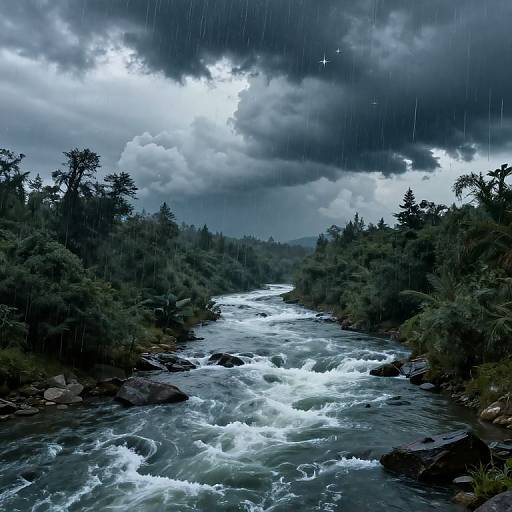Photograph of a turbulent, rocky river flowing through a dense, dark green forest during a dramatic, rainy storm under a cloudy, lightning-filled sky.