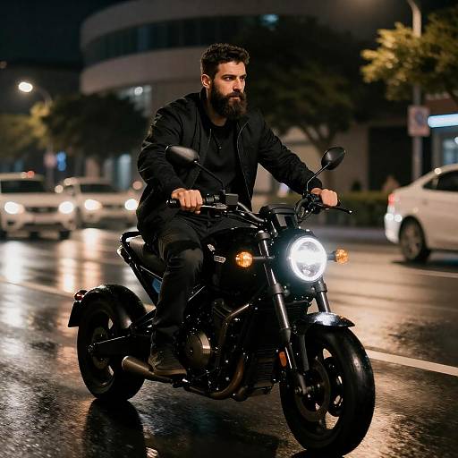 Night Ride: Bearded Man on Motorcycle