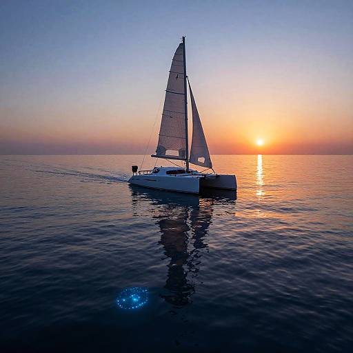 Dreamlike Bioluminescent Coastal Catamaran Sunset
