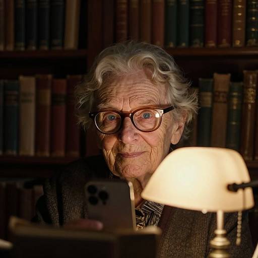 Photograph of an elderly man with white hair, glasses, and brown suit, sitting in a dimly lit library, looking at a smartphone, illuminated