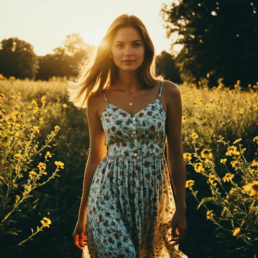 Woman in Floral Sundress at Golden Hour
