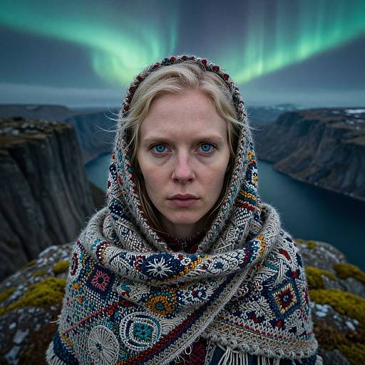 Photograph of a blonde woman with blue eyes, wrapped in an intricate, colorful woolen shawl, standing in a rugged, icy landscape beneath the