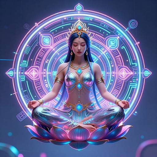Digital art of an Asian woman with long blue hair, meditating lotus-style, wearing a glowing top and jewel-embellished outfit, surrounded