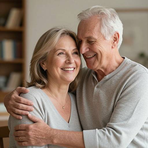 Photograph of smiling elderly couple, woman with light brown hair in gray sweater, man with white hair in gray polo, hugging closely in bright,