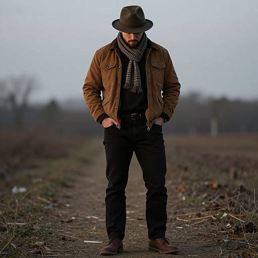 Photograph of a bearded man in brown jacket, black pants, brown hat, and plaid scarf, standing on a dirt path, hands in