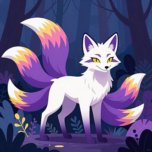 White Multi-Tailed Fox in Neon Forest