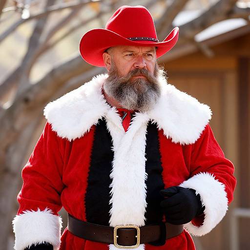 Photograph of a bearded man in a red Santa hat and velvet red coat with white fur trim, standing outdoors.