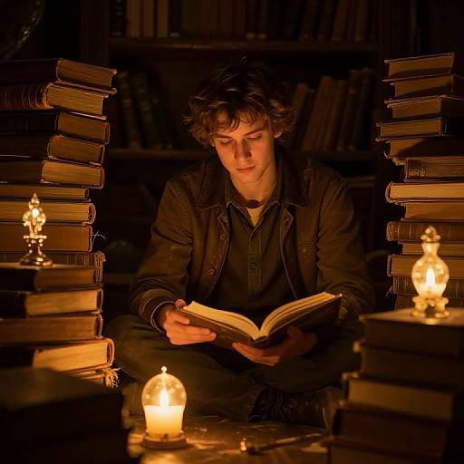 Photograph of a young man with curly brown hair reading a book, surrounded by stacked books and candles in a dimly lit library. Warm, flick