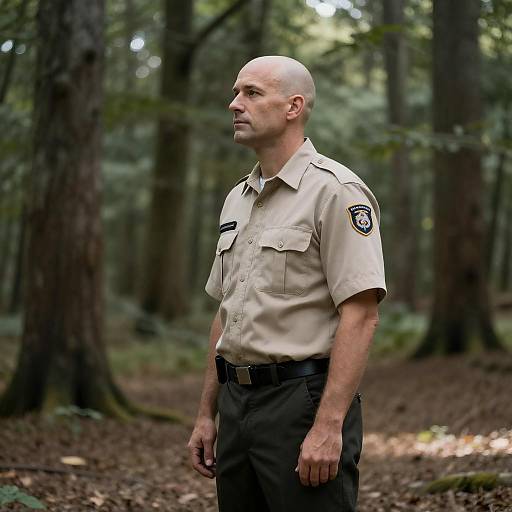 Bald Park Ranger in Sunlit Forest
