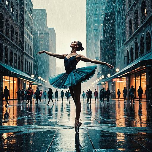 Ballet dancer performing in rain-soaked city plaza