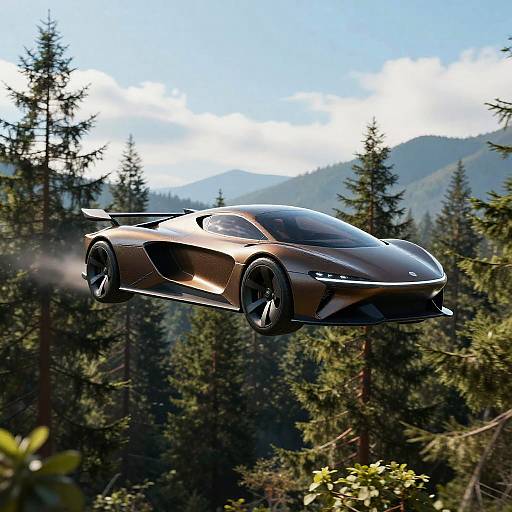 Futuristic Sleek Flying Car Above Forest