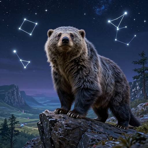 Photorealistic digital art of a majestic, fluffy brown bear standing on a rocky cliff under a starry night sky with constellation patterns. Mountainous landscape