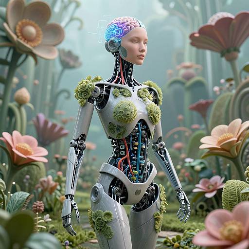 Photorealistic CGI of a female robotic humanoid with green moss and flowers integrated into her metallic body, standing in a lush, futuristic floral garden.