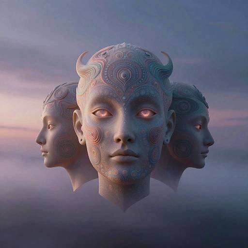 Surreal Floating Heads in Dreamscape
