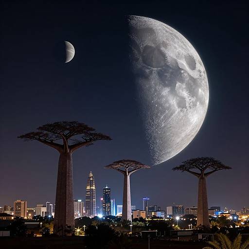 Nighttime photograph of a city skyline with illuminated skyscrapers, three tall baobab trees, a large half-moon, and a full moon