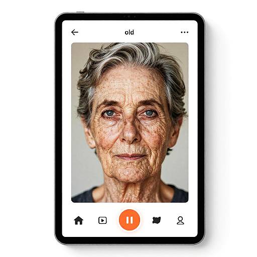 Photograph of an elderly woman with gray hair, wrinkled skin, and a gentle smile, displayed on a smartphone screen with app interface icons.