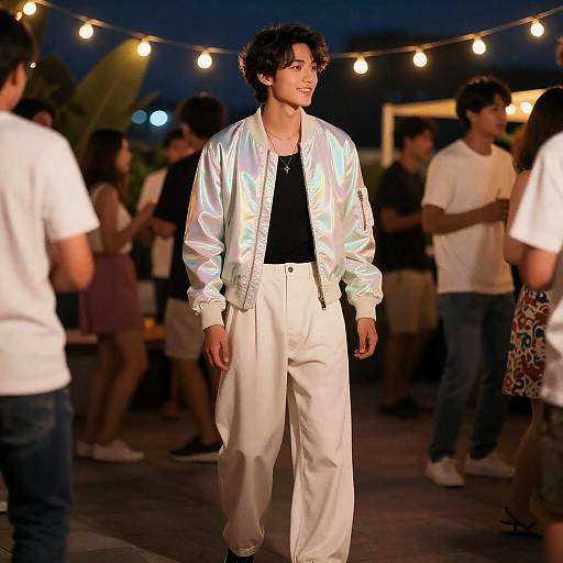 Young Man at Vibrant Rooftop Party