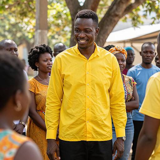 Photograph of smiling Black man in bright yellow shirt standing among a group of people in outdoor setting with trees.