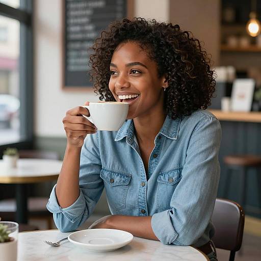 Cheerful Woman Enjoying Coffee at Café