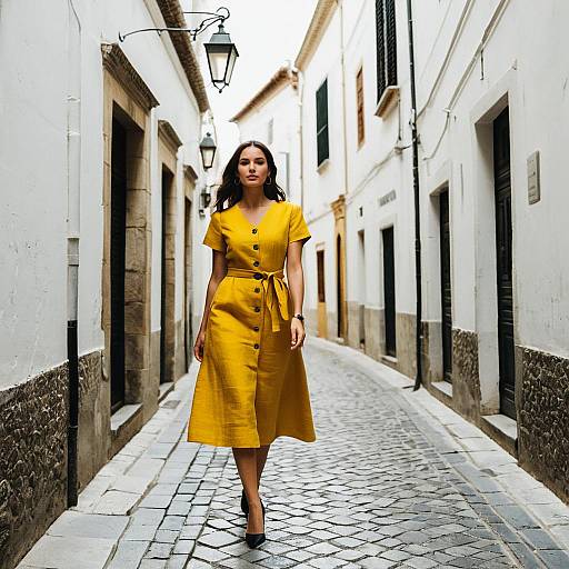Woman Walking in Narrow European Alleyway