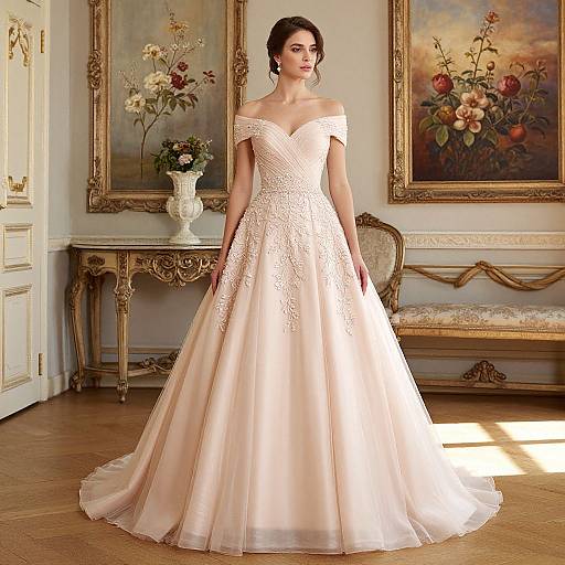 Photograph of a fair-skinned woman with dark hair in an off-shoulder, ivory lace wedding gown, standing in a luxurious, sunlit